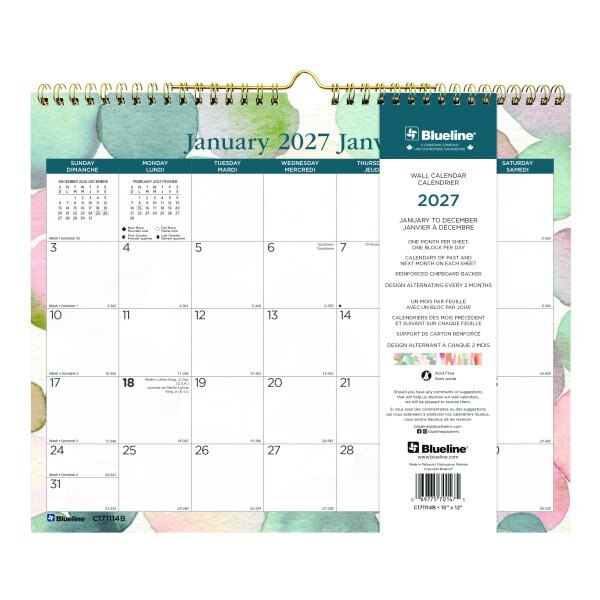 Blueline Monthly Wall Calendars Twin wire bound 12 months 15" x 12" Bilingual Twilight Floral, 2027, C171114B
