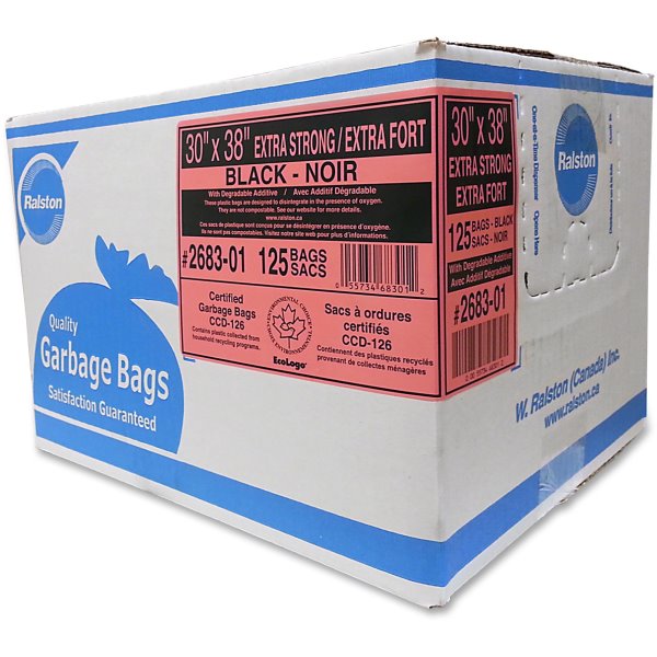 Ralston 2600 Series EcoLogo Industrial Extra-Strong Garbage Bags, 30" x 38", Black